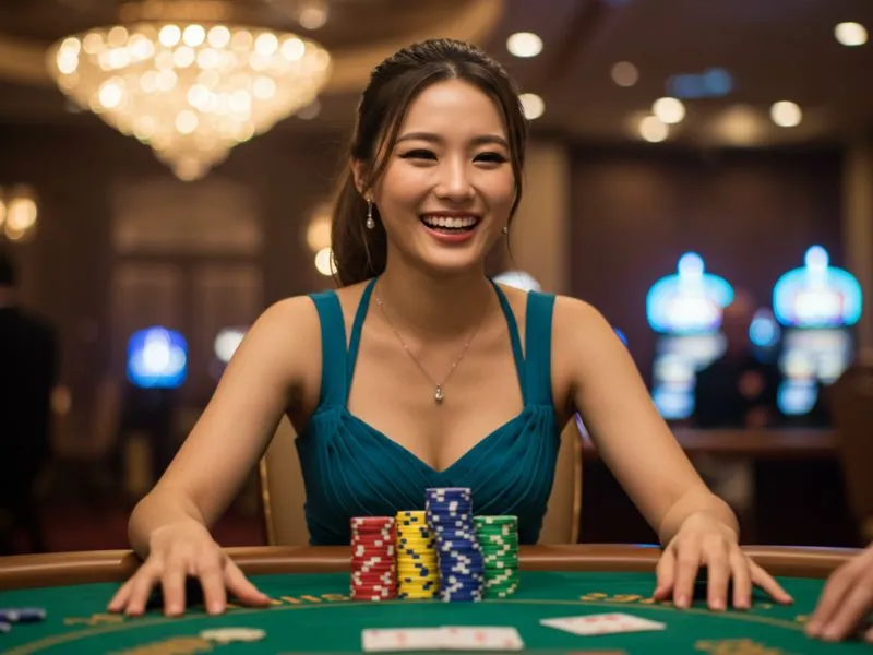 Happy woman winning poker chips after successful play at cow88 online casino login