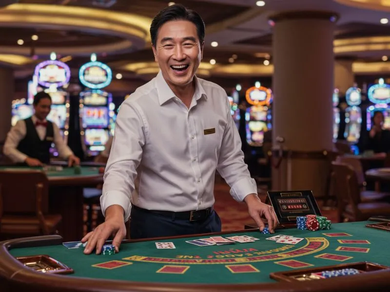Cheerful man playing poker at e games casino Philippines