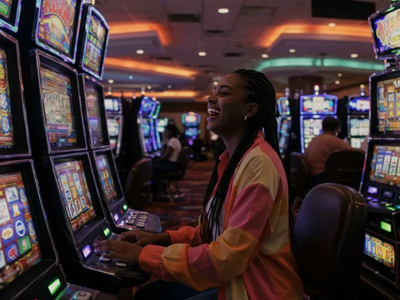 Cheerful woman playing slot machines at an e games casino Philippines