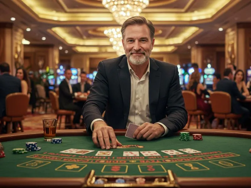 Smiling man playing poker at an e games casino Philippines table