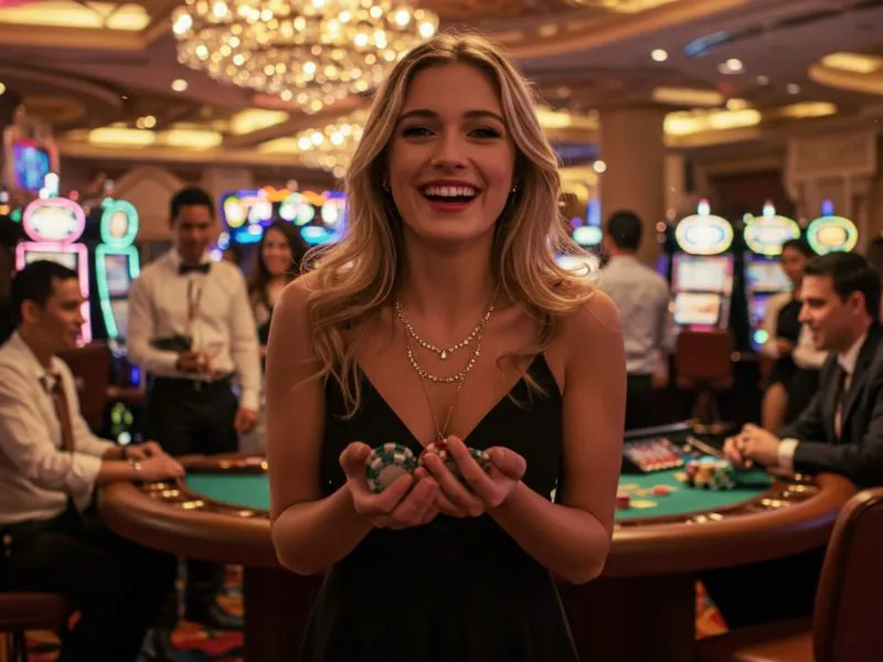 Smiling woman holding casino chips inside an e games casino Philippines setting