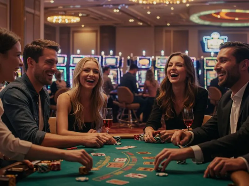 Cheerful friends playing casino card games together at fb 7777 casino