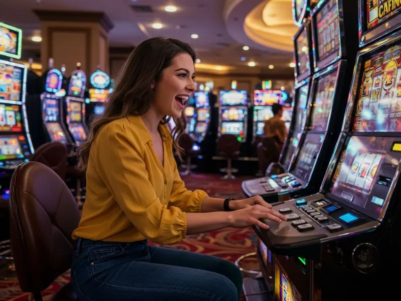 Cheerful woman playing a slot machine at fb 7777 casino