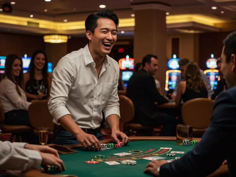 Joyful man playing poker cards at fb 7777 casino
