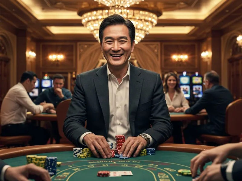 Smiling man enjoying poker wins at fb 7777 casino