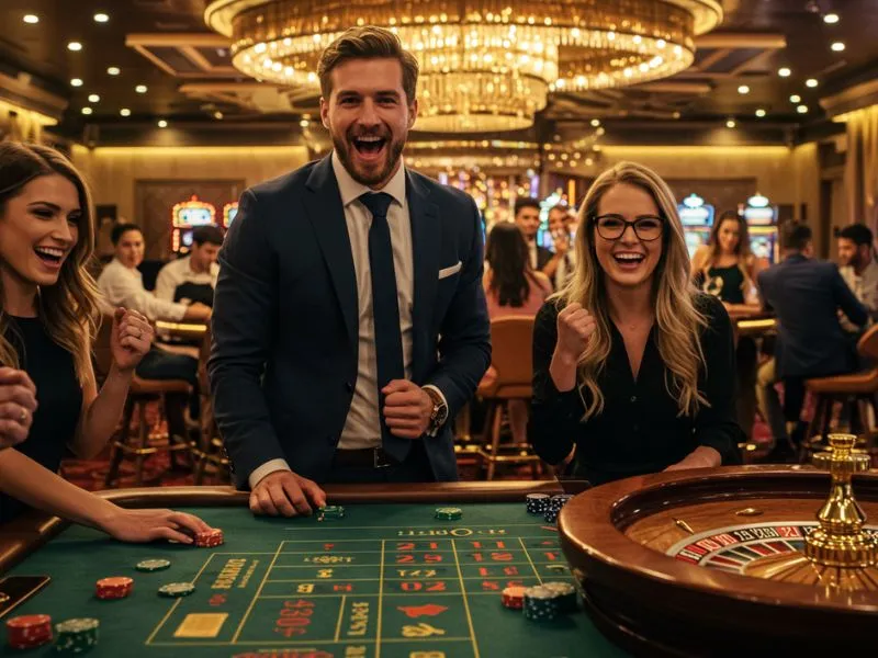 Happy friends enjoying roulette at an fc178 online casino table