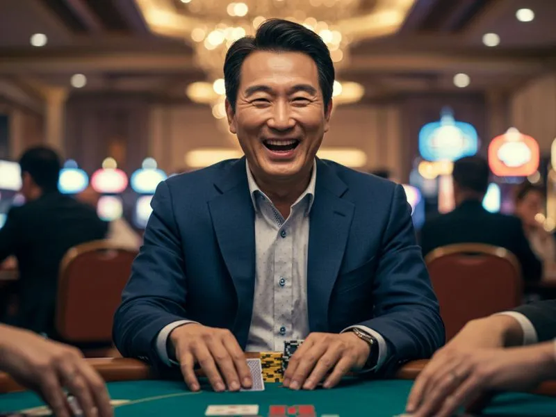 Smiling man enjoying poker at fc178 online casino table