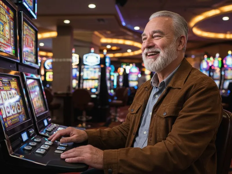 Smiling old man enjoying slot machines at fc178 online casino