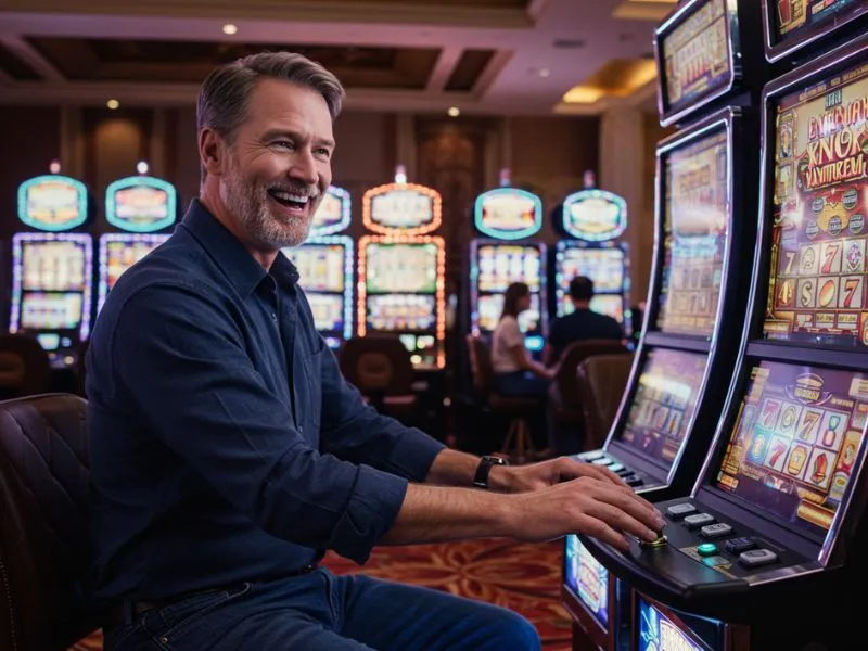 Happy man playing slot machines at Fortune Gate Casino