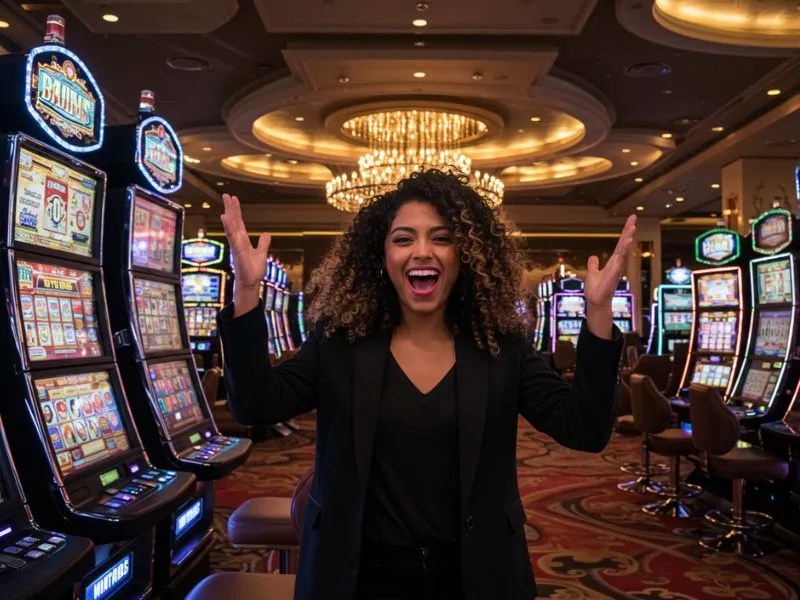 Joyful woman playing slot machines at Fortune Gate Casino