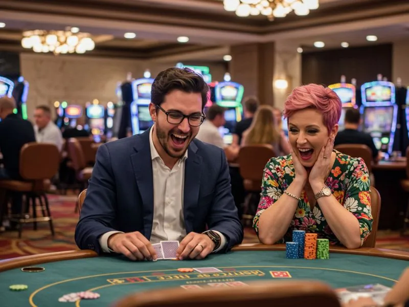 Happy man and woman enjoying card games while playing grand bingo online.