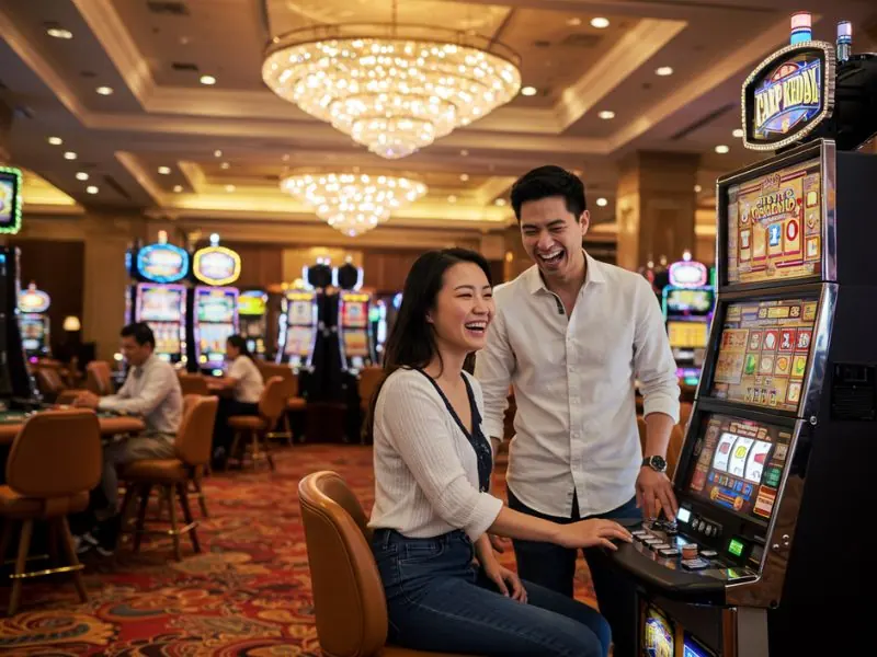 Happy man and woman enjoying online slots while playing grand bingo in a casino-themed setting