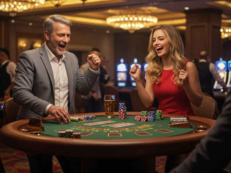 Happy man and woman excited for their winnings while playing grand bingo online.