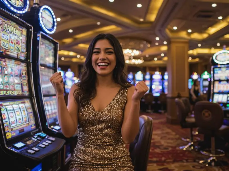 Excited woman celebrating a big win on slot machines at gstar28 online casino