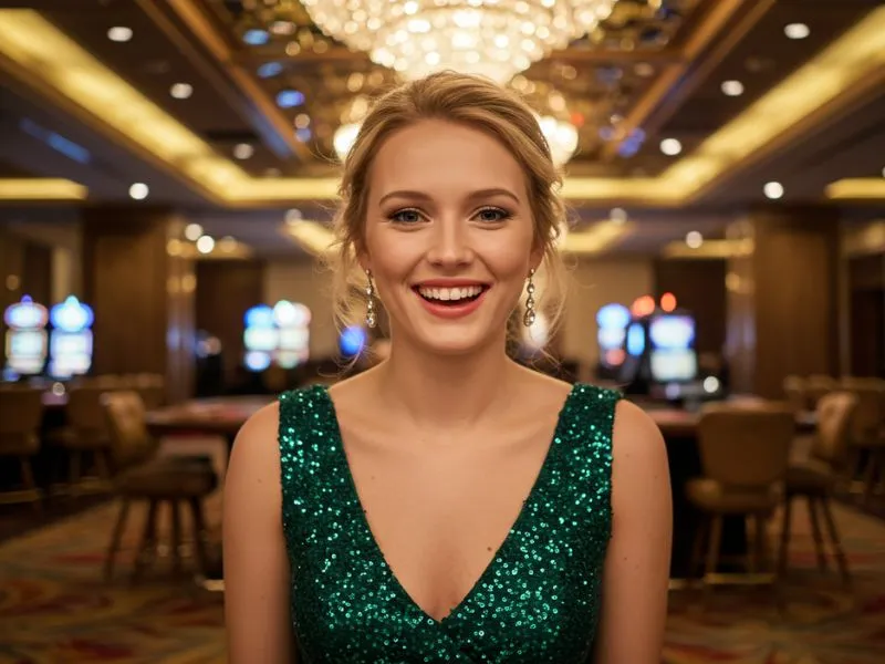 Joyful young woman celebrating at gstar28 online casino with a lively casino crowd