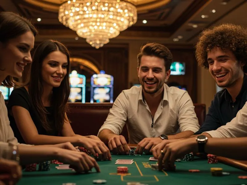 Smiling friends enjoying a poker game together at gstar28 online casino