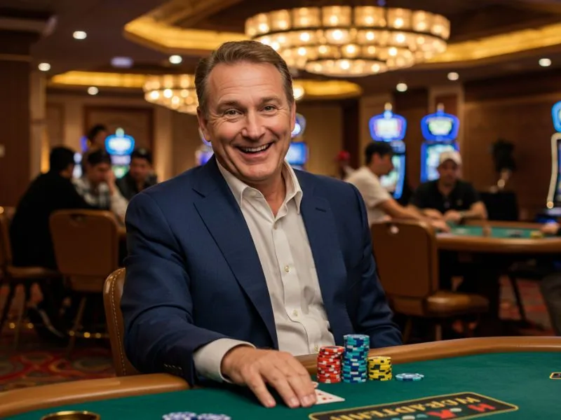 Smiling man celebrating a big poker chips win at gstar28 online casino