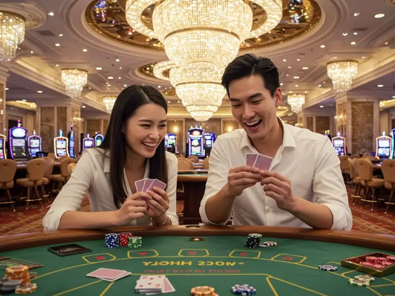 Cute couple happily playing cards at a jackpot meter online casino, enjoying real-time prizes and exciting gameplay.