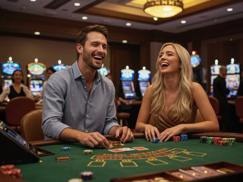 Happy couple enjoying games at jackpot meter online casino.