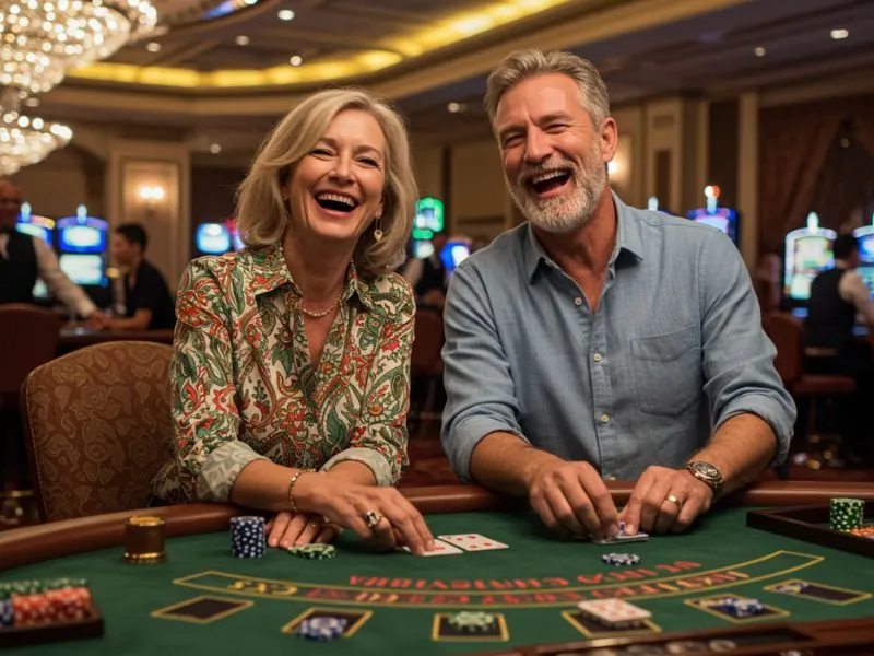 Lovely old couple enjoying their day playing at a jackpot meter online casino.