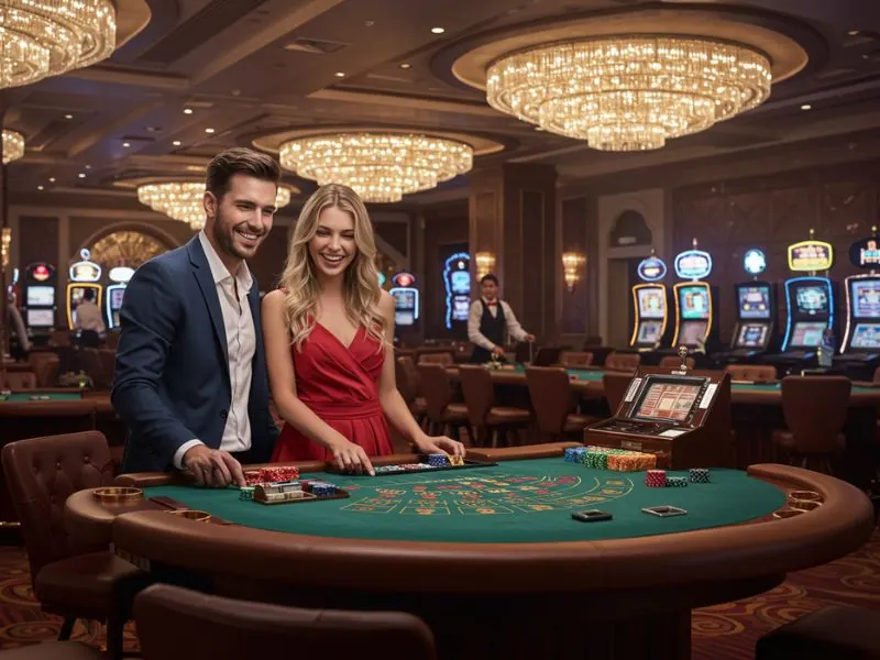 Sweet couple enjoying games at a jackpot meter online casino with exciting prizes.