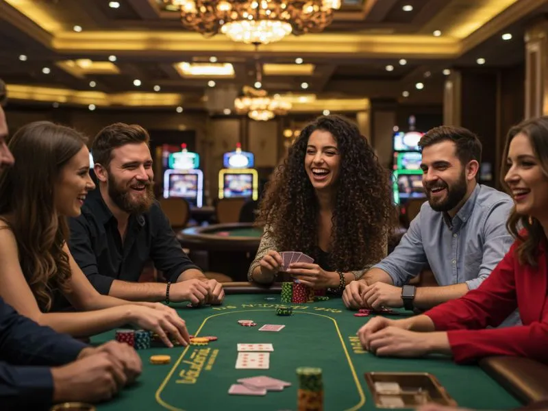 Cheerful friends enjoying table games together at lodislot 777 casino online