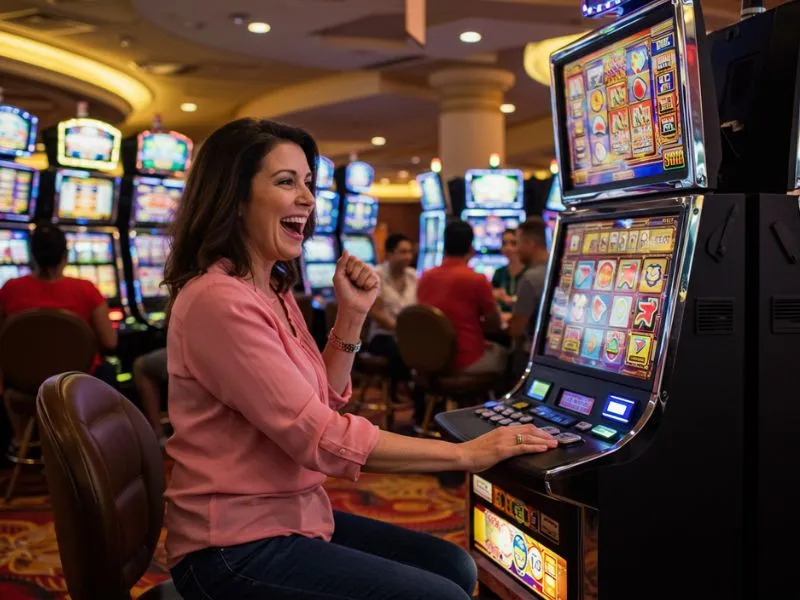 Cheerful woman playing slot machines at Lodislot 777 Casino Online