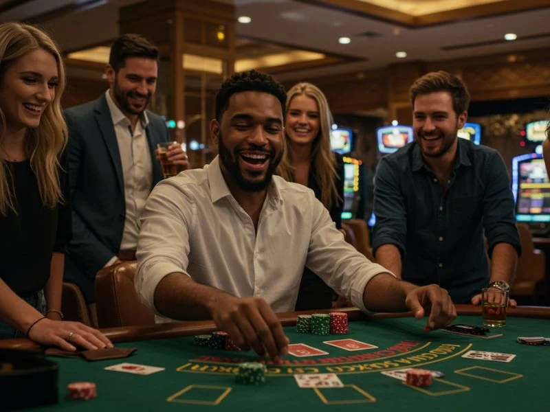 A happy circle of friends enjoying betting and playing mega bingo together.