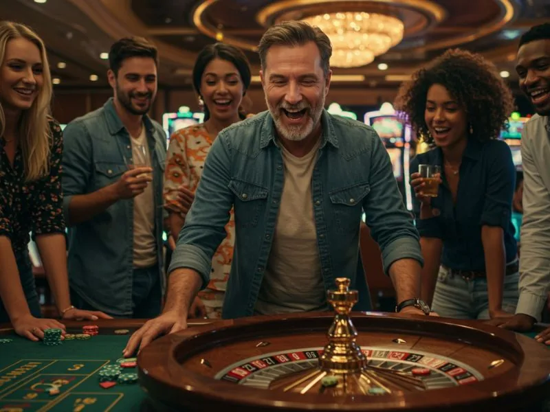 Happy siblings cheering as their dad wins big in mega bingo.