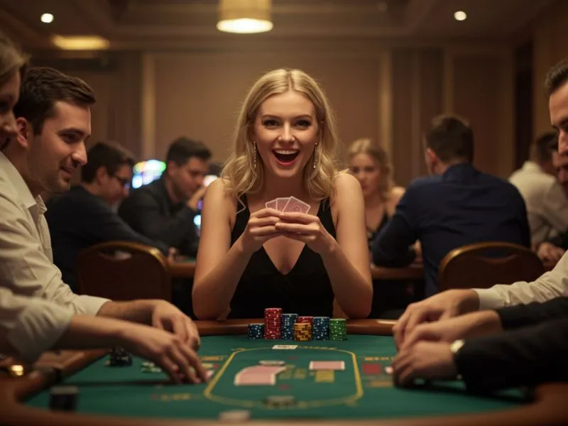 Excited woman playing poker with friends after mega panalo casino login