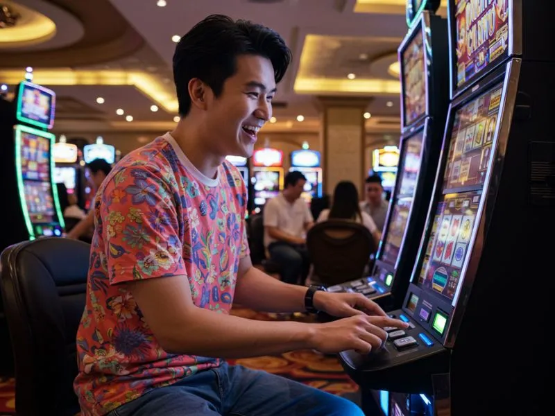 Joyful man playing slot machines after mega panalo casino login