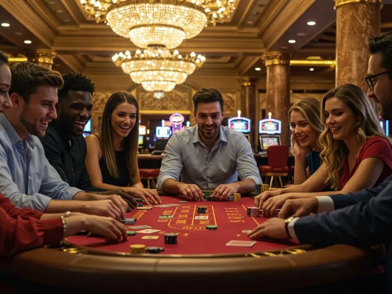 Happy friends playing poker together at a casino table after successful mega panalo login