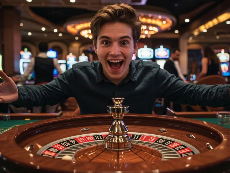 Young man excitedly playing roulette after successful mega panalo login