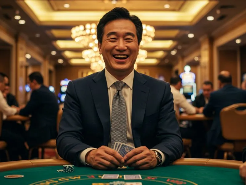 Cheerful man holding playing cards while enjoying a game at nova casino