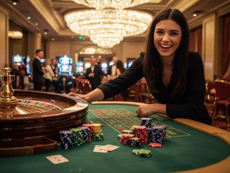 Happy young woman winning roulette chips at nova casino