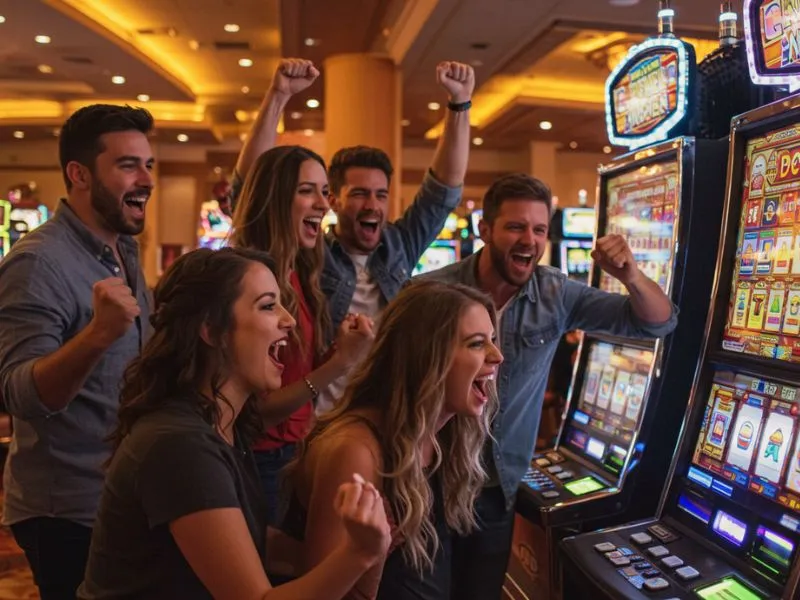 Joyful friends playing slot machines together at nova casino