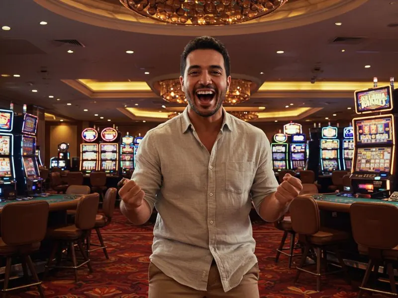 Happy man celebrating a big win while using online casino software ICG Gaming platform.