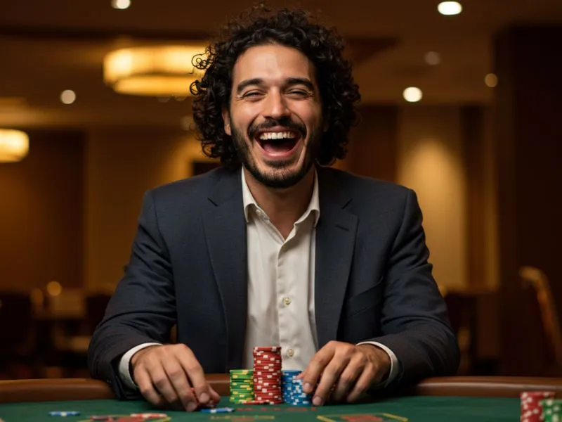 Happy man celebrating a big win in online casinos casinomentor gaming scene