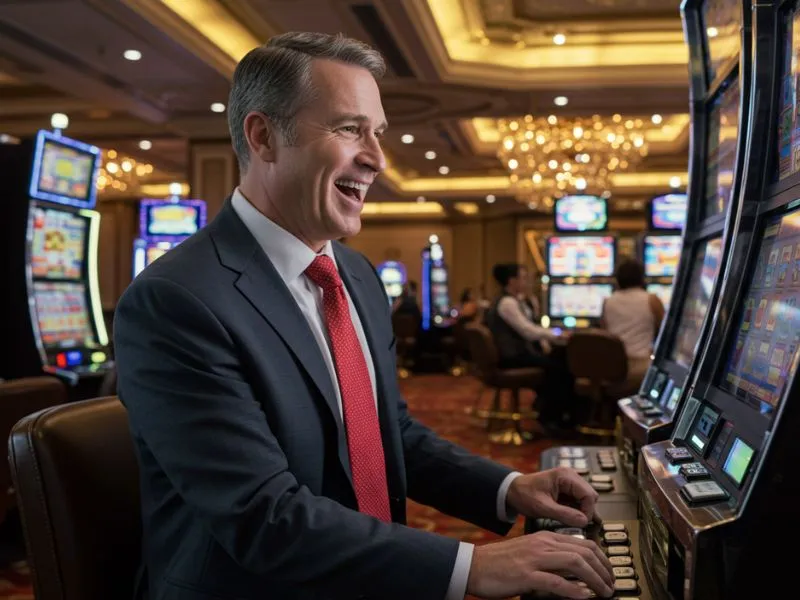 Excited man enjoying poker and slot machines at online casinos Casinomentor