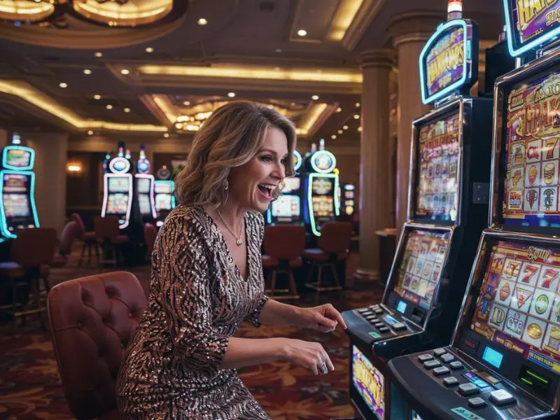 Cheerful old woman playing slot machines after completing her ph777 casino register process