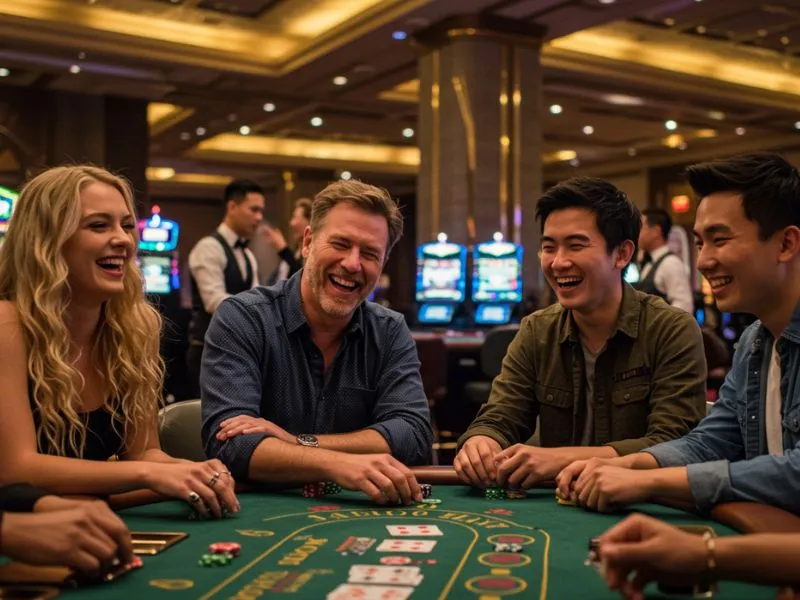 Friends smiling at a poker table after completing ph777 casino register
