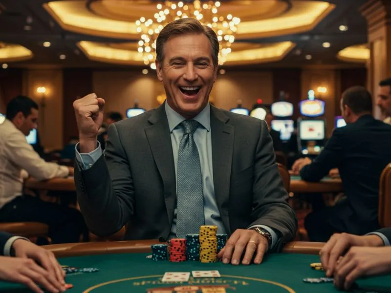 Grinning man celebrating a poker win after completing ph777 casino register