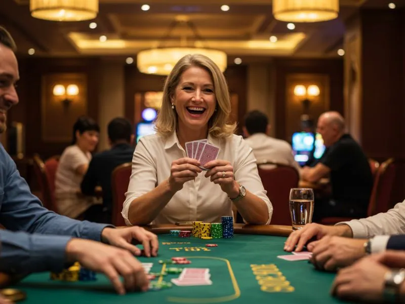 Happy woman playing poker after completing ph777 casino register process