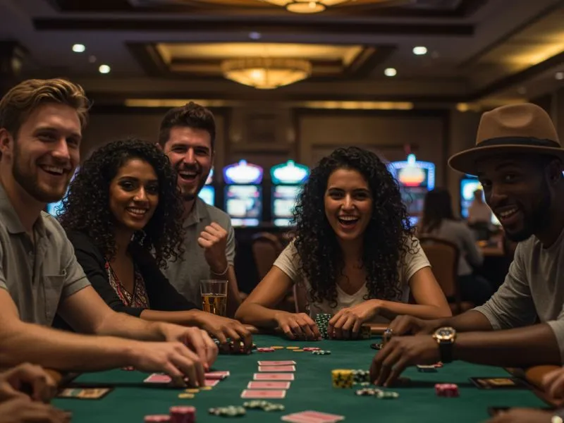 Cheerful friends enjoying poker at a casino table through ph777 link