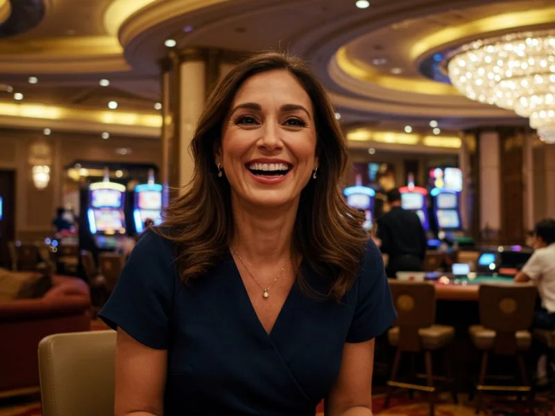 Cheerful woman celebrating with a lively casino crowd on ph777 link