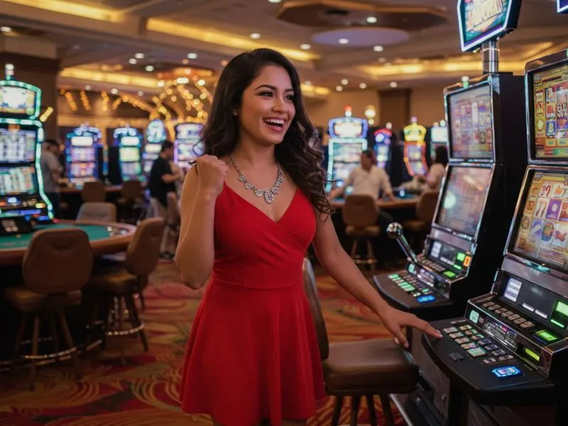 Happy woman playing slot machines with excitement on ph777 link
