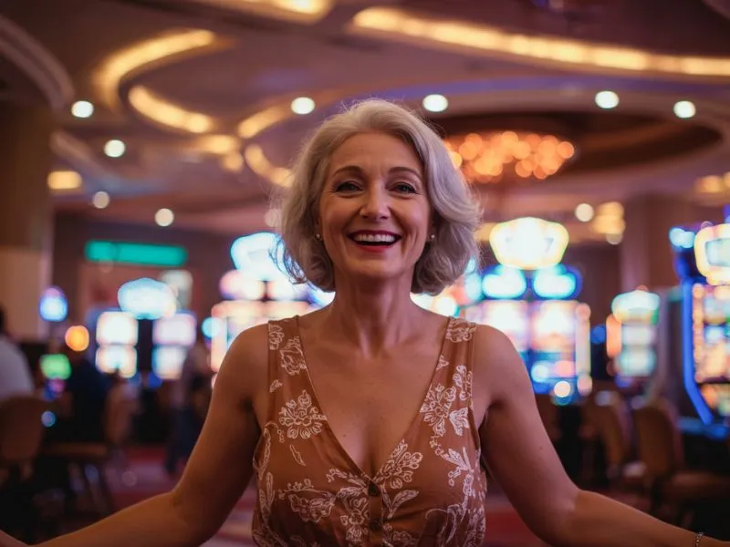 Happy elderly woman enjoying pinoy bingo cards at a lively casino