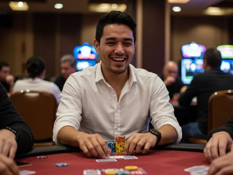 Man celebrating a poker win while holding pinoy bingo cards in a lively casino setting