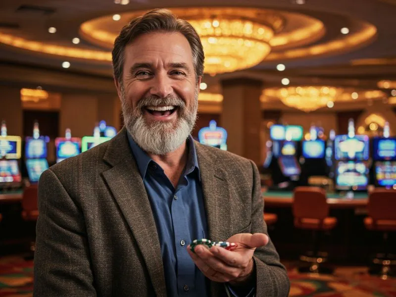 Smiling man holding chips while playing with pinoy bingo cards