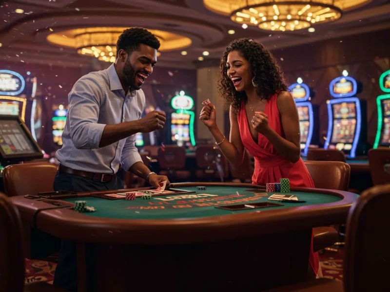 Happy couple celebrating their casino win on plus777 platform